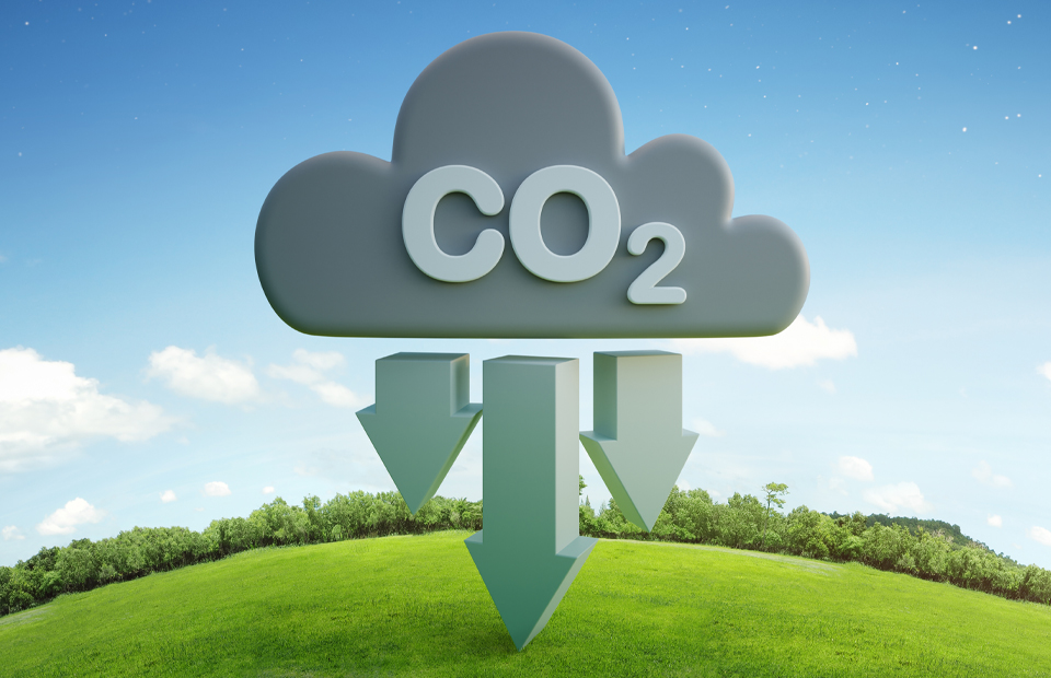 CO2 cloud icon on earth and green grass in environmental concept. 3d illustration of big carbon dioxide emissions symbol.