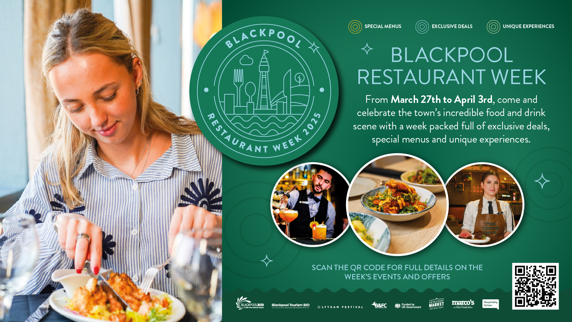 A woman eating a plate of food to advertise Blackpool Restaurant Week