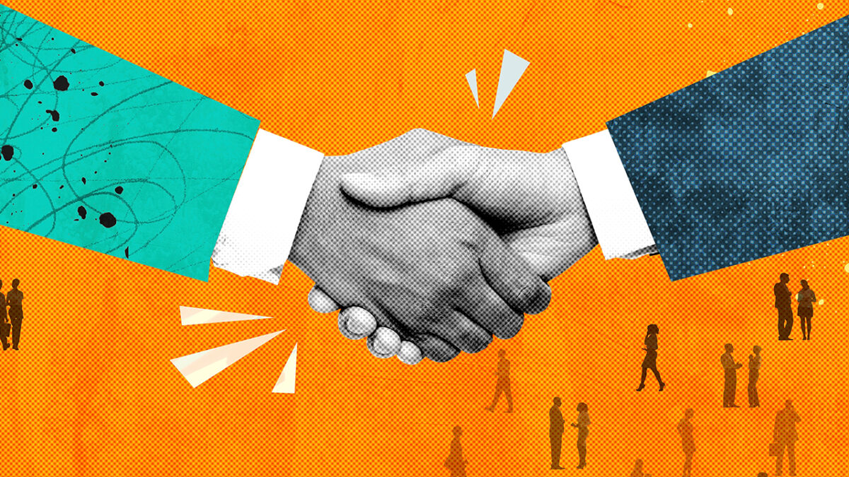 Business handshake background, orange design