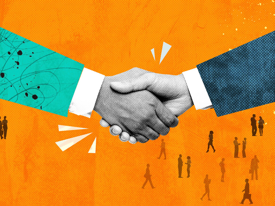 Business handshake background, orange design
