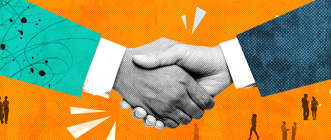 Business handshake background, orange design