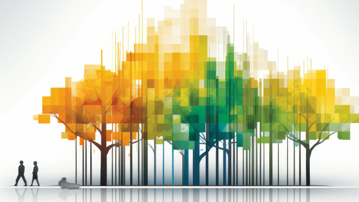 Graph Tree: Create an abstract tree made up of lines and graphs that symbolize growth and success. Use different shades of green for the trees and bright yellow and orange elements for the decorations.