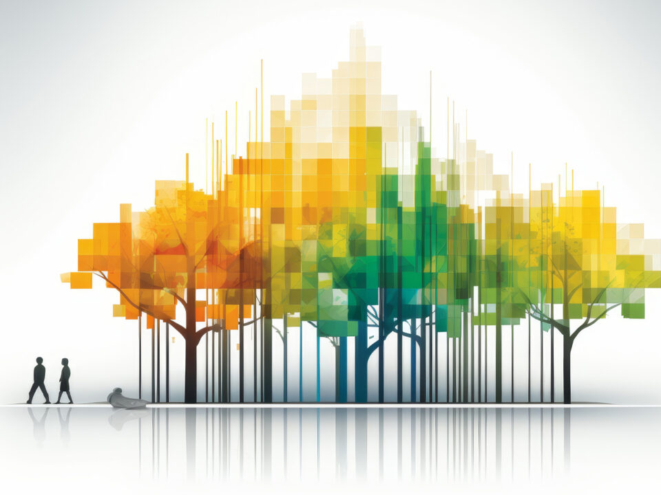 Graph Tree: Create an abstract tree made up of lines and graphs that symbolize growth and success. Use different shades of green for the trees and bright yellow and orange elements for the decorations.