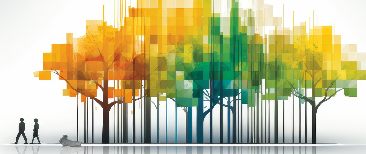 Graph Tree: Create an abstract tree made up of lines and graphs that symbolize growth and success. Use different shades of green for the trees and bright yellow and orange elements for the decorations.